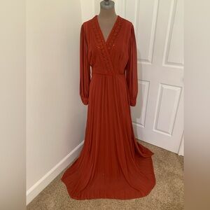 Rust Long Sleeve V-Neck Maxi Dress